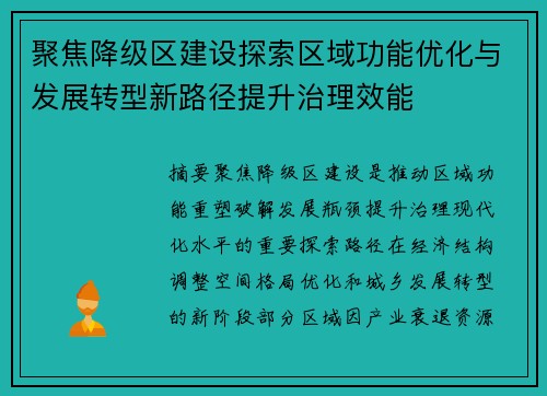 聚焦降级区建设探索区域功能优化与发展转型新路径提升治理效能 聚焦降级区建设探索区域功能优化与发展转型新路径提升治理效能